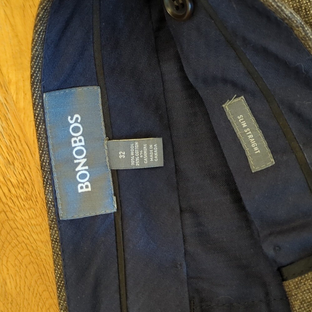 Bonobos 32x30 slim straight wool pants, brown